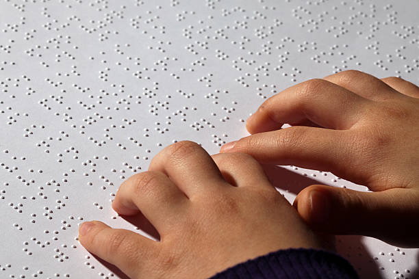 A picture of hand reading braille